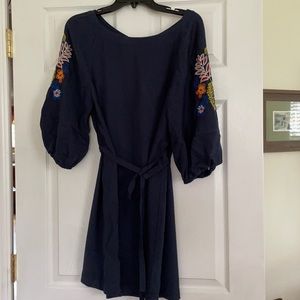 NWT Navy tie-waist dress. Cute embroidered sleeves.